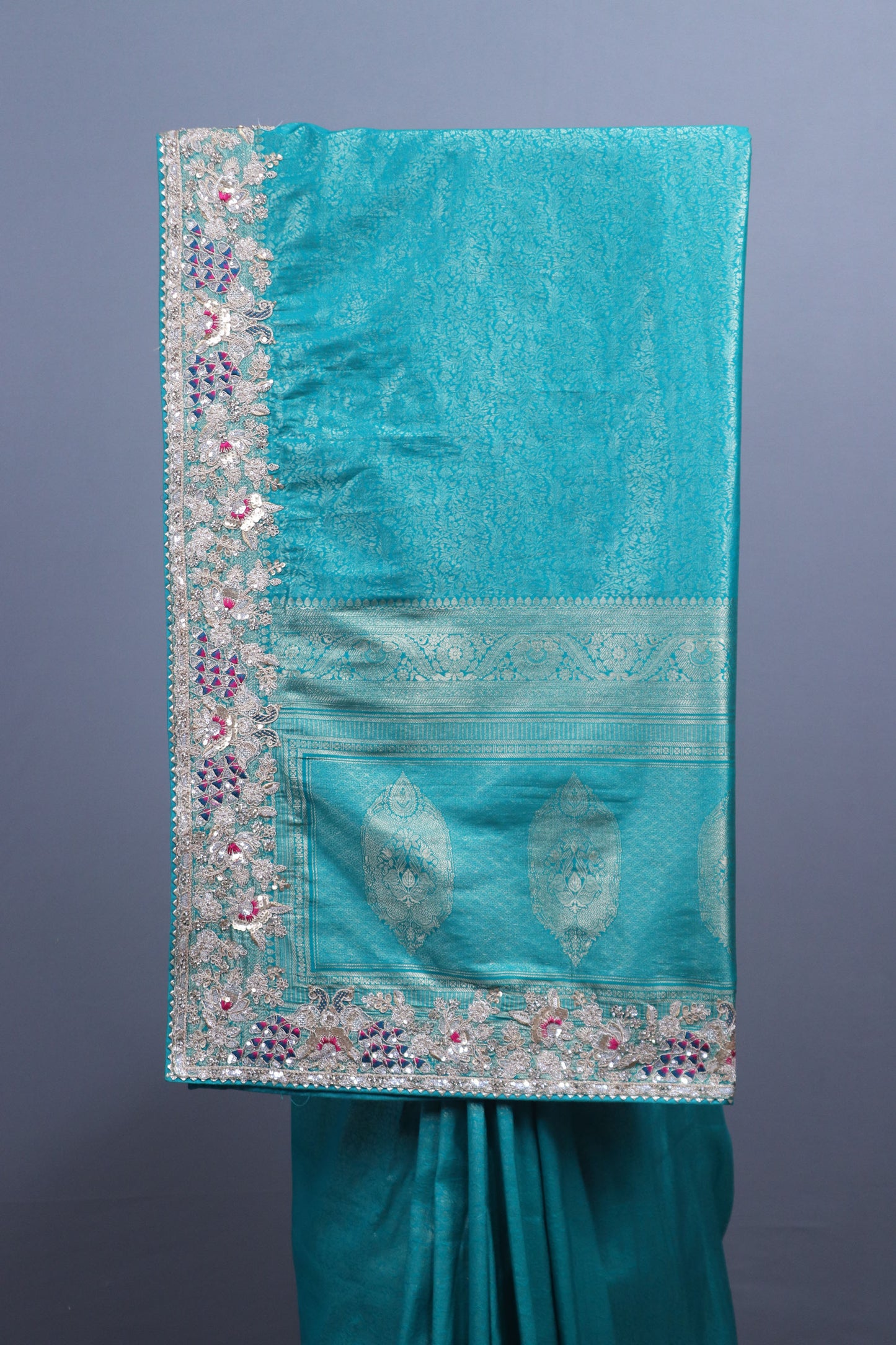 Teal Blue Banarasi Silk Saree with Heavy Zari Embroidery Border