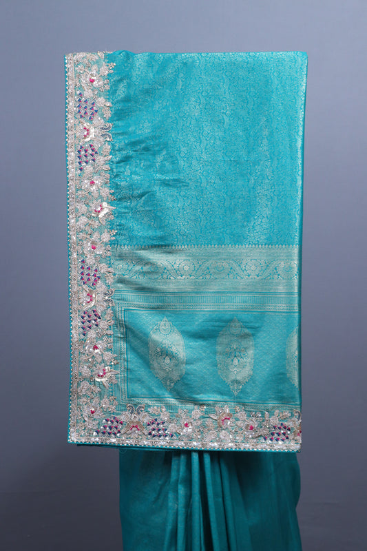 Teal Blue Banarasi Silk Saree with Heavy Zari Embroidery Border