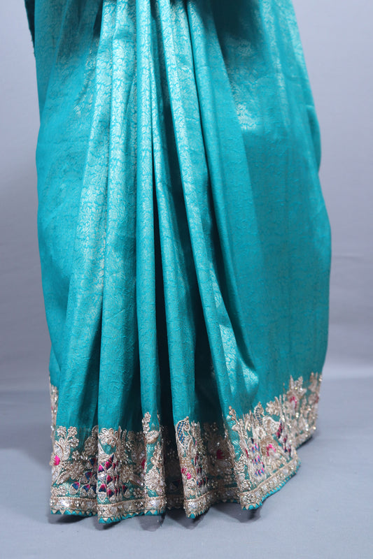 Teal Blue Banarasi Silk Saree with Heavy Zari Embroidery Border