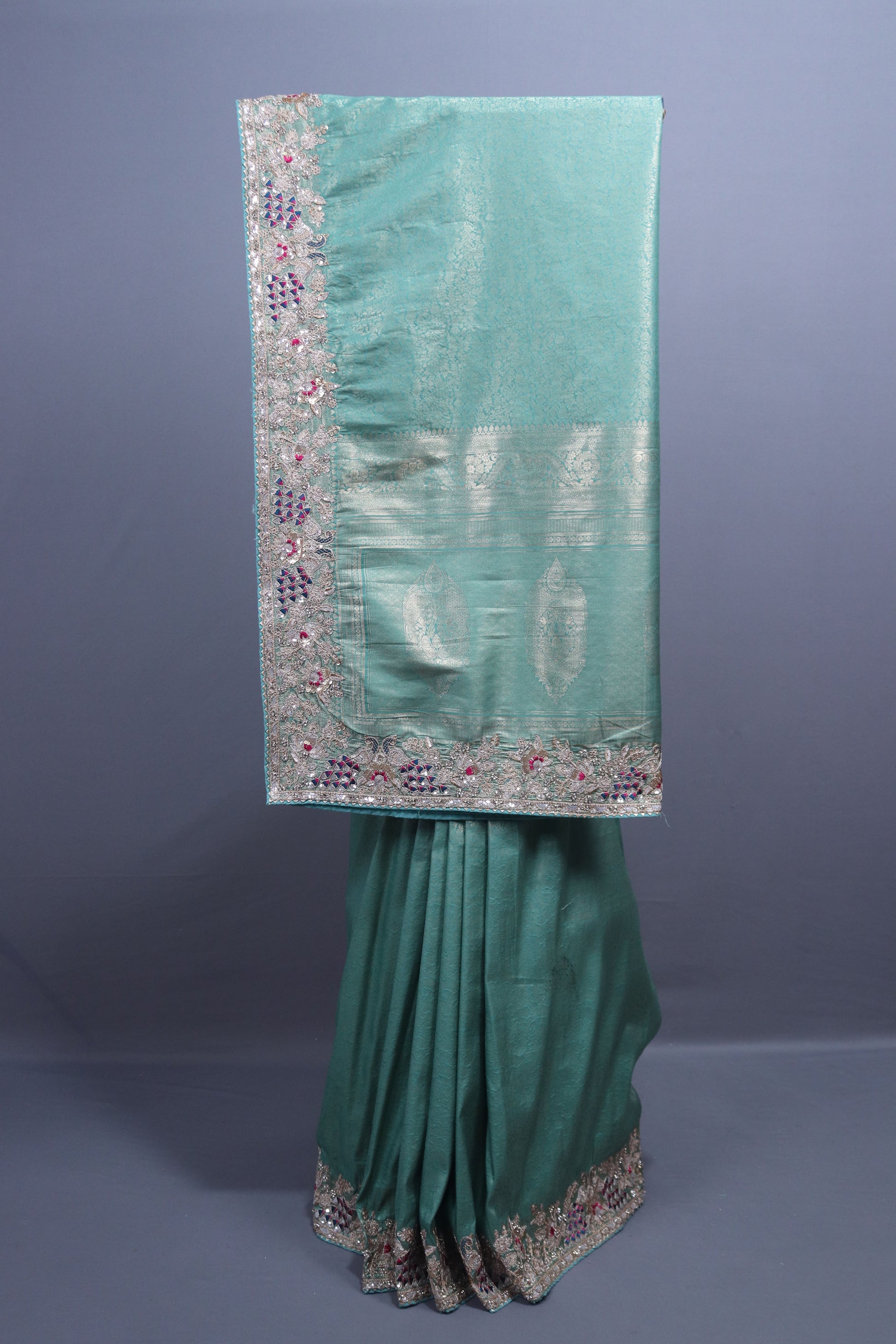 Sea Green Banarasi Silk Saree Heavy Zari Embroidered Border Designer Pallu