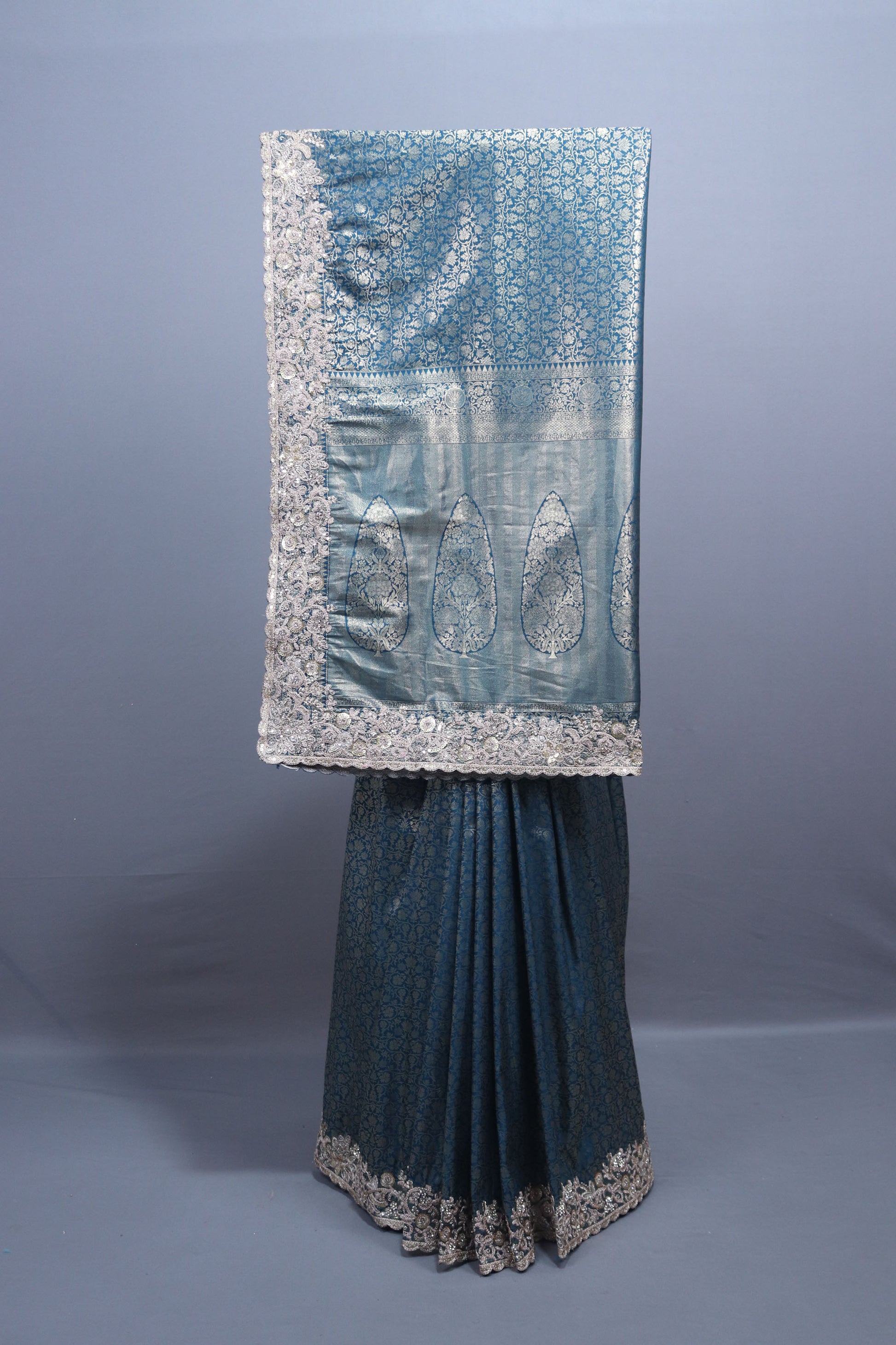 Steel Blue Banarasi Silk Saree Heavy Zari Weaving Embroidered Border 