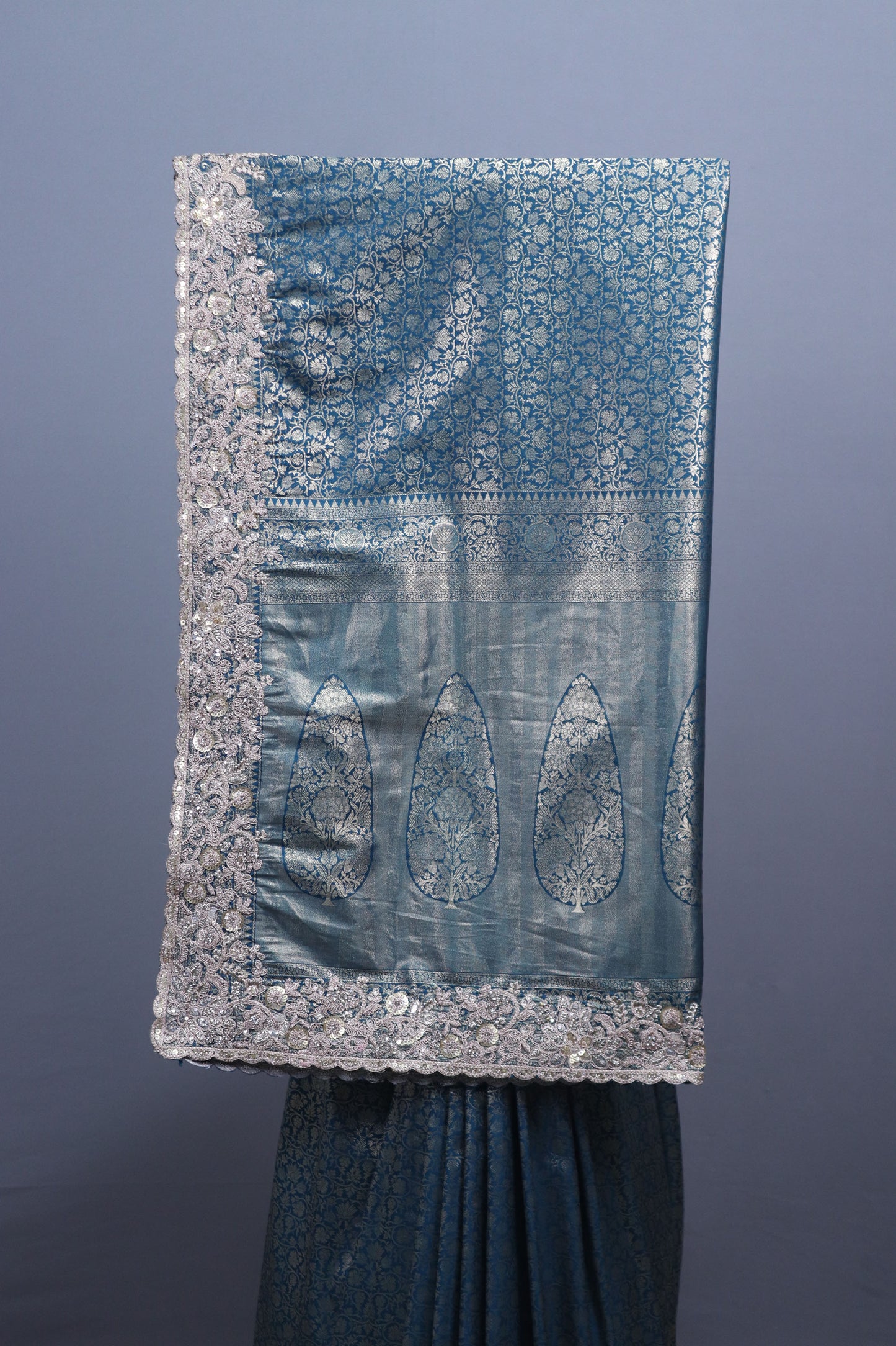 Steel Blue Banarasi Silk Saree Heavy Zari Weaving Embroidered Border