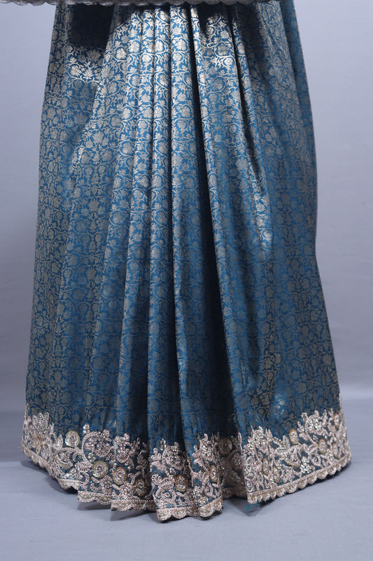 Steel Blue Banarasi Silk Saree Heavy Zari Weaving Embroidered Border