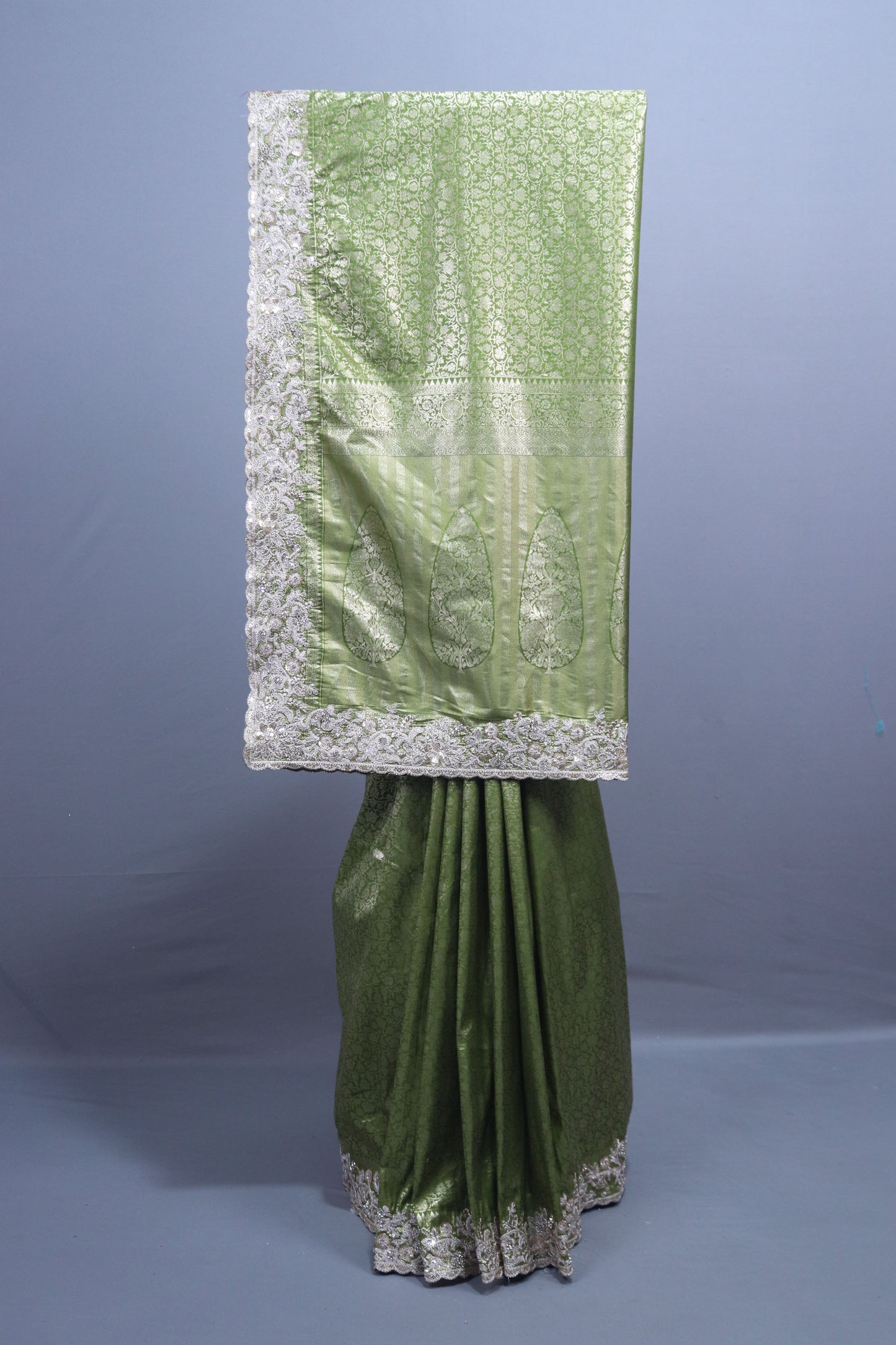 Pista Green Banarasi Silk Saree Heavy Zari Weaving Embroidered Border 
