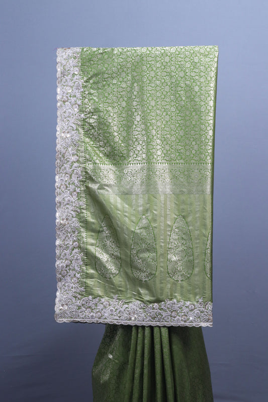 Pista Green Banarasi Silk Saree Heavy Zari Weaving Embroidered Border
