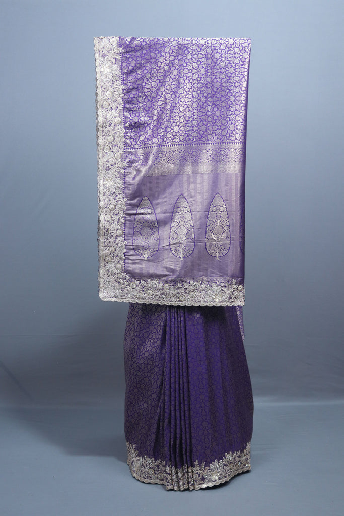 Royal Purple Silk Saree with Silver Zari Embroidered Lace Border 