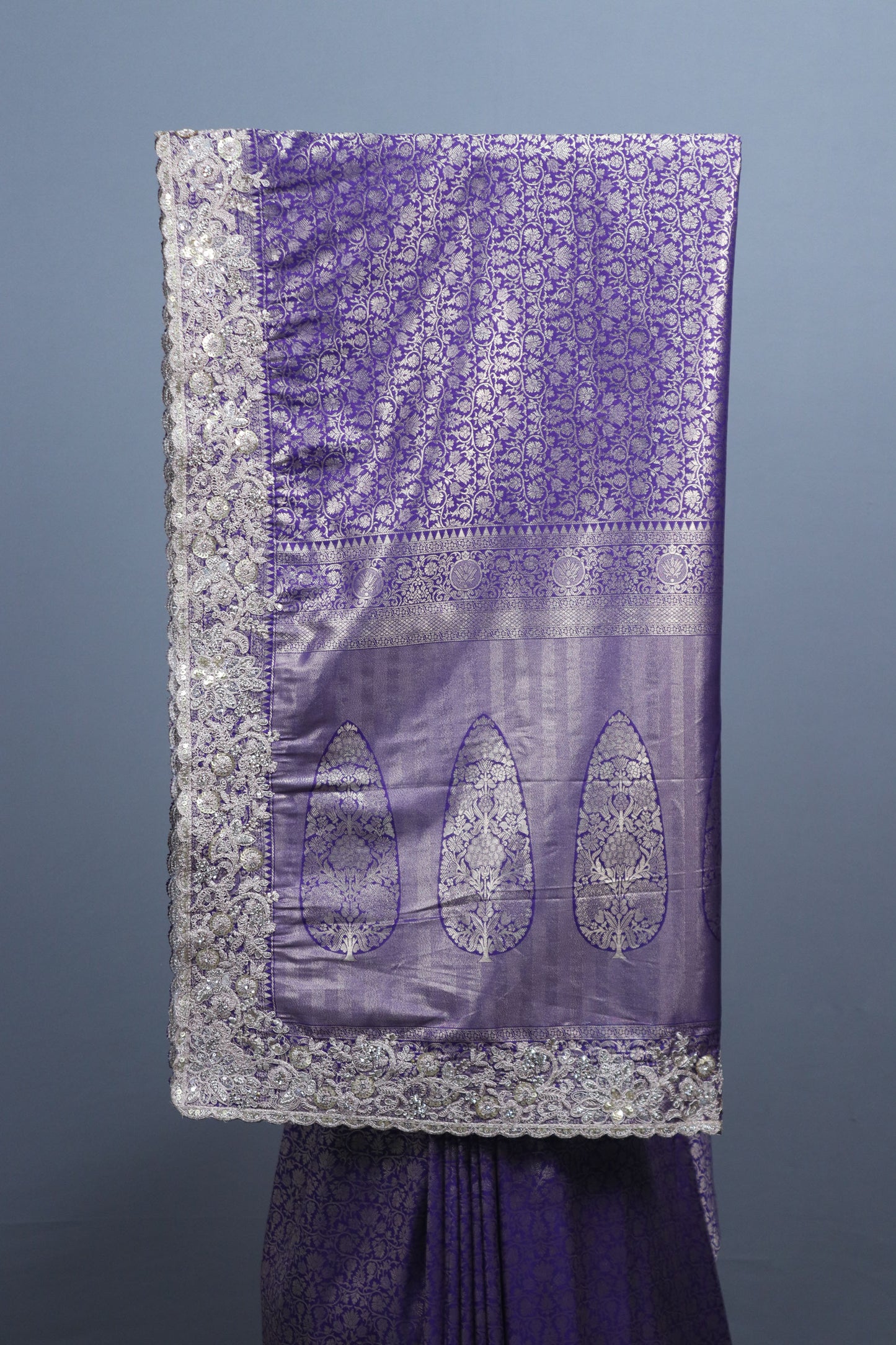 Royal Purple Silk Saree with Silver Zari Embroidered Lace Border