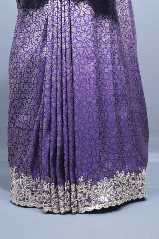 Royal Purple Silk Saree with Silver Zari Embroidered Lace Border