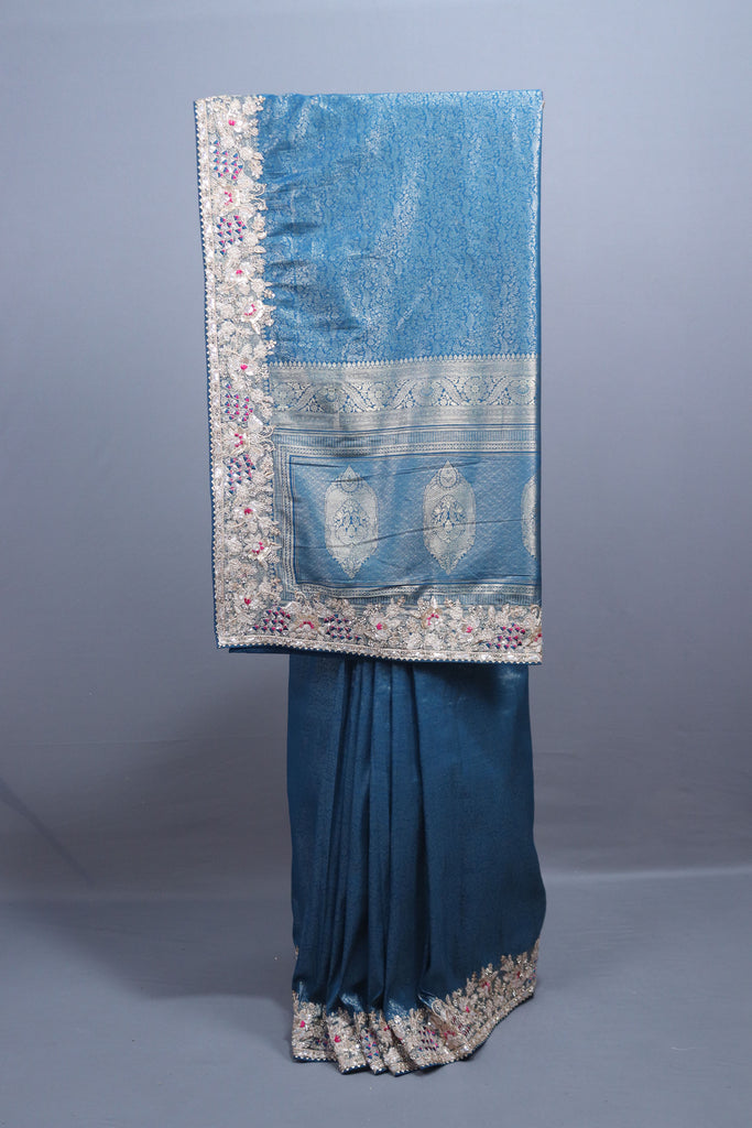 Steel Blue Silk Saree with Silver Zari Multicolor Embroidered Lace Border 