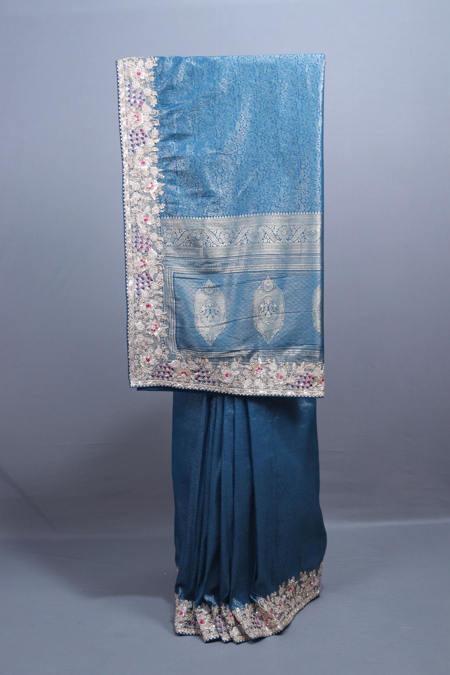 Steel Blue Silk Saree with Silver Zari Multicolor Embroidered Lace Border 
