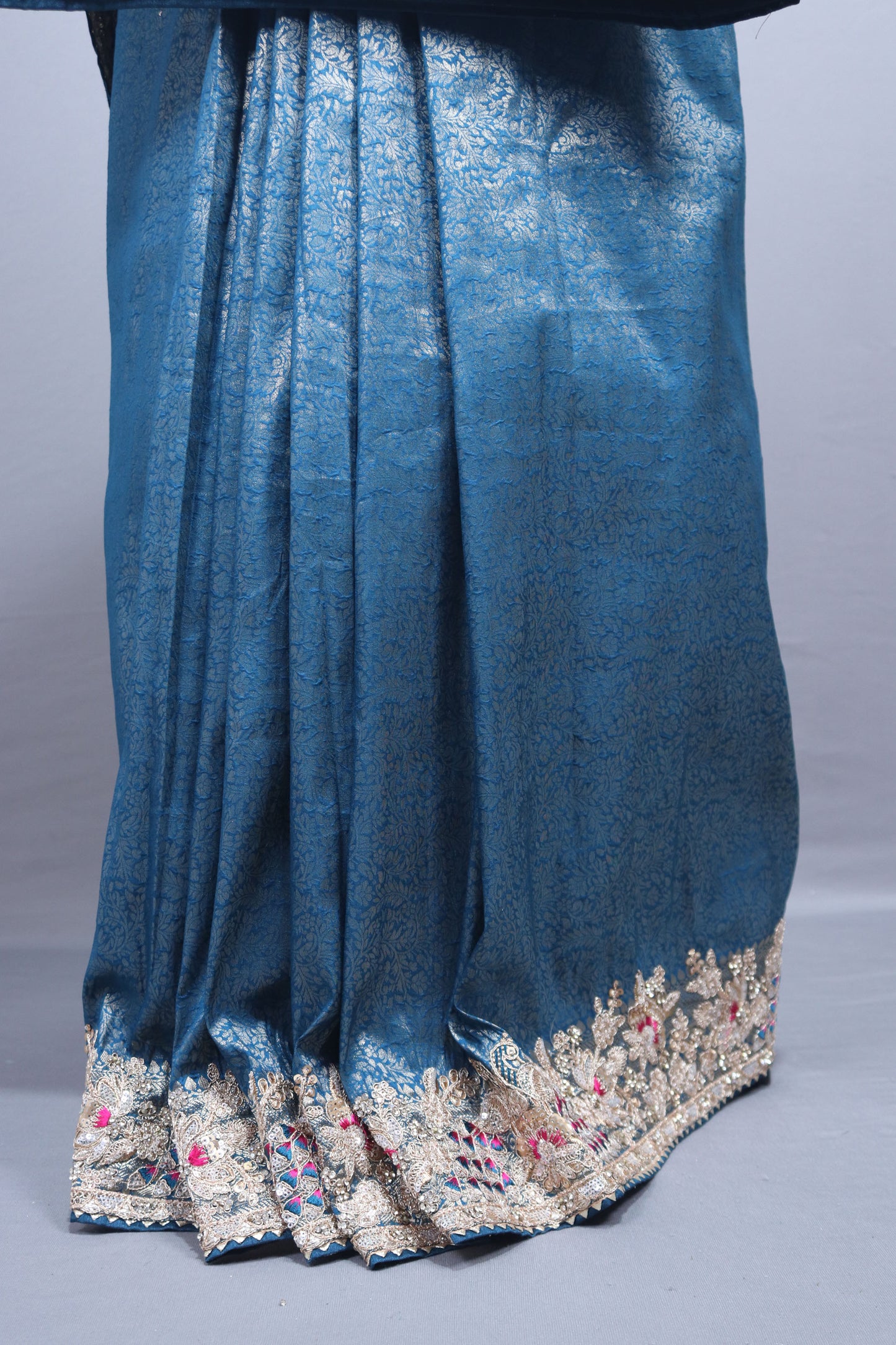 Steel Blue Silk Saree with Silver Zari Multicolor Embroidered Lace Border