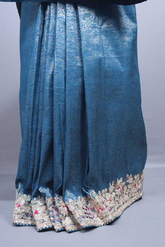 Steel Blue Silk Saree with Silver Zari Multicolor Embroidered Lace Border