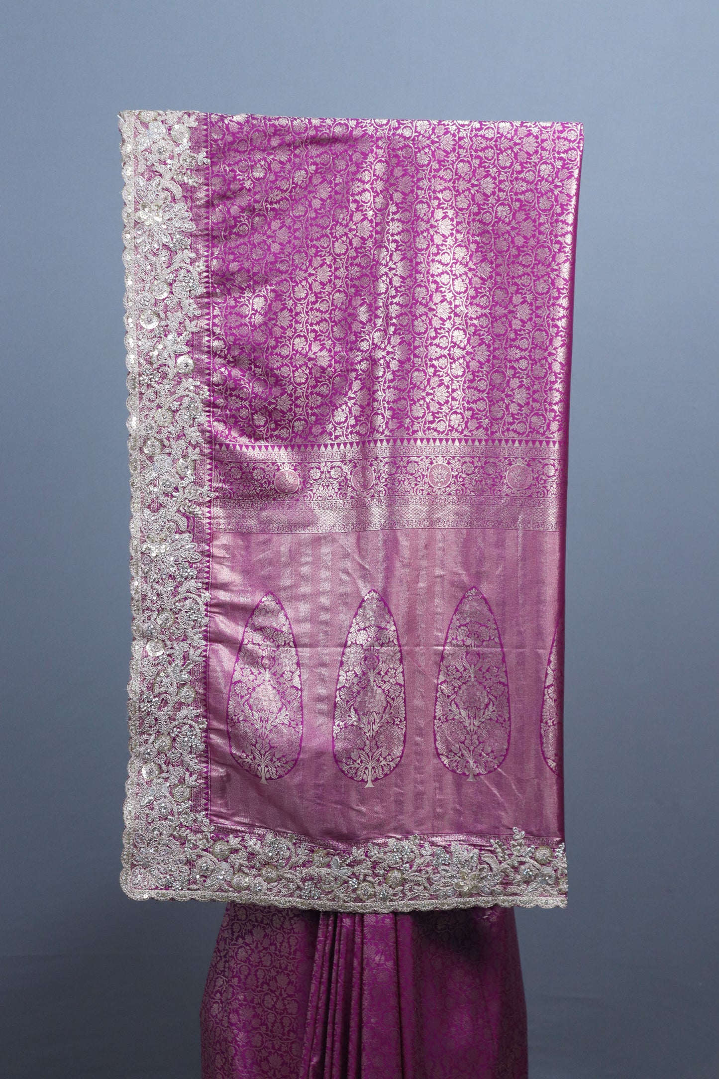 Rani Pink Silk Saree with Silver Zari Embroidered Lace Border