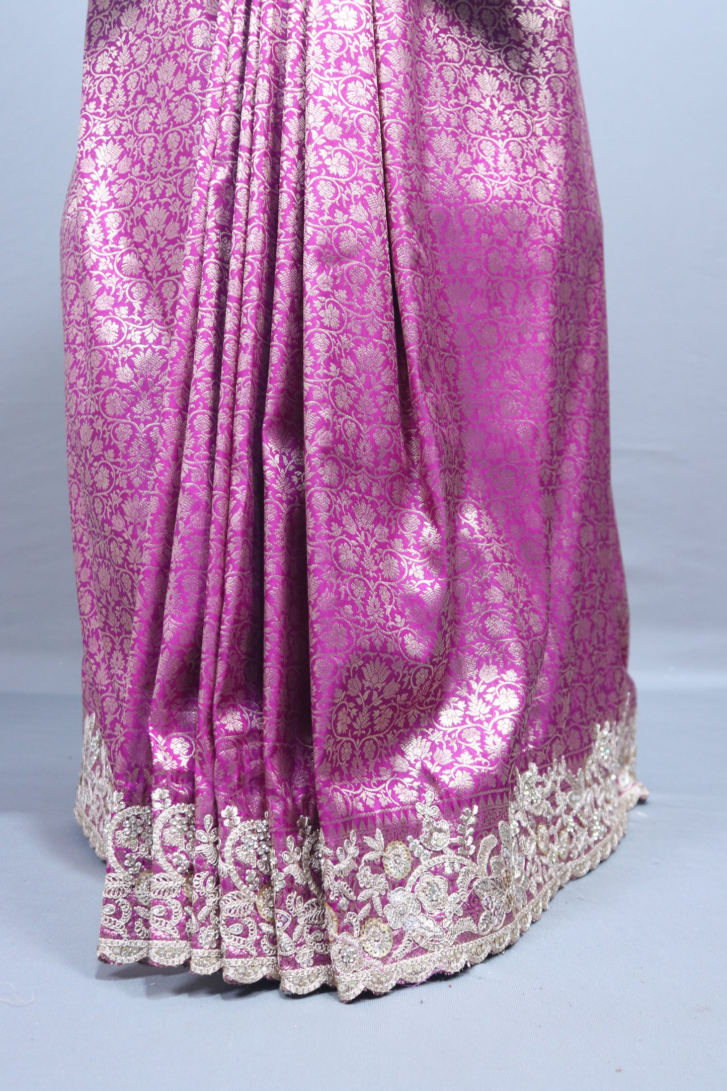 Rani Pink Silk Saree with Silver Zari Embroidered Lace Border