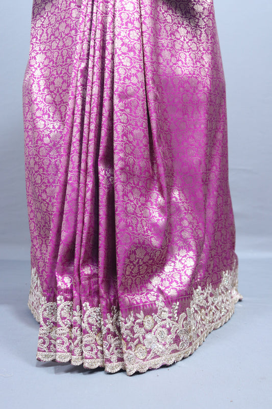 Rani Pink Silk Saree with Silver Zari Embroidered Lace Border