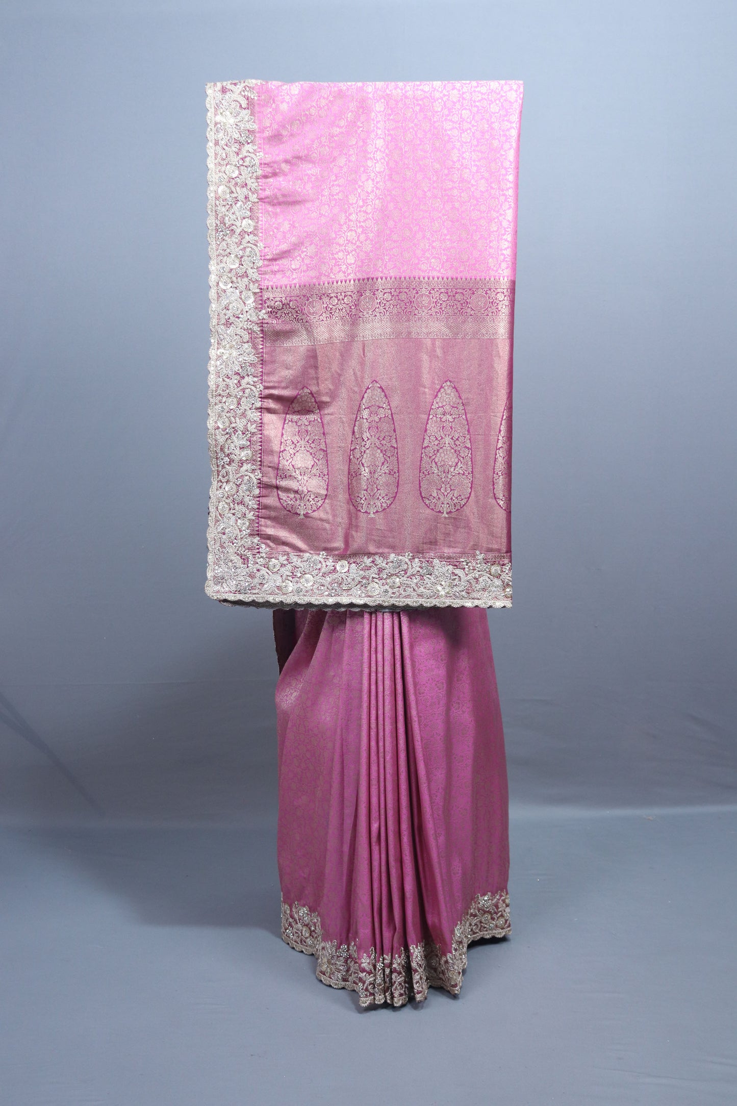  Pink Silk Saree with Silver Zari Embroidered Lace Border