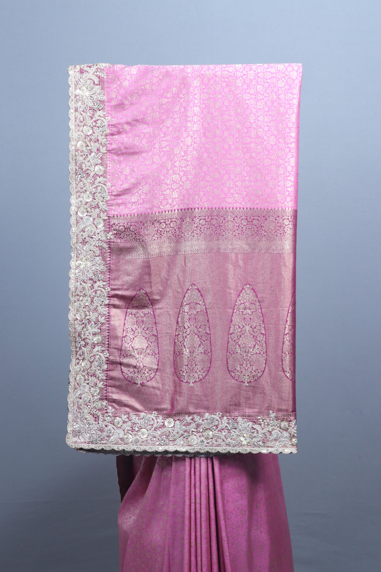 Pink Silk Saree with Silver Zari Embroidered Lace Border
