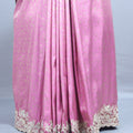 Pink Silk Saree with Silver Zari Embroidered Lace Border
