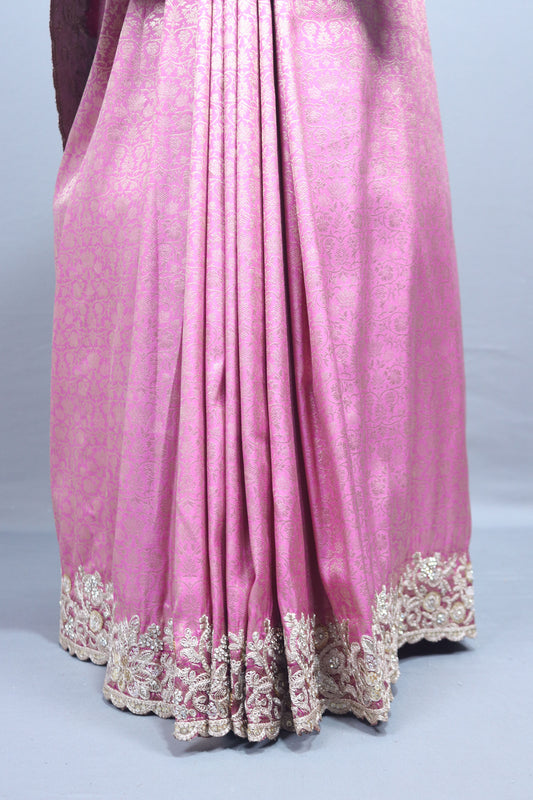 Pink Silk Saree with Silver Zari Embroidered Lace Border