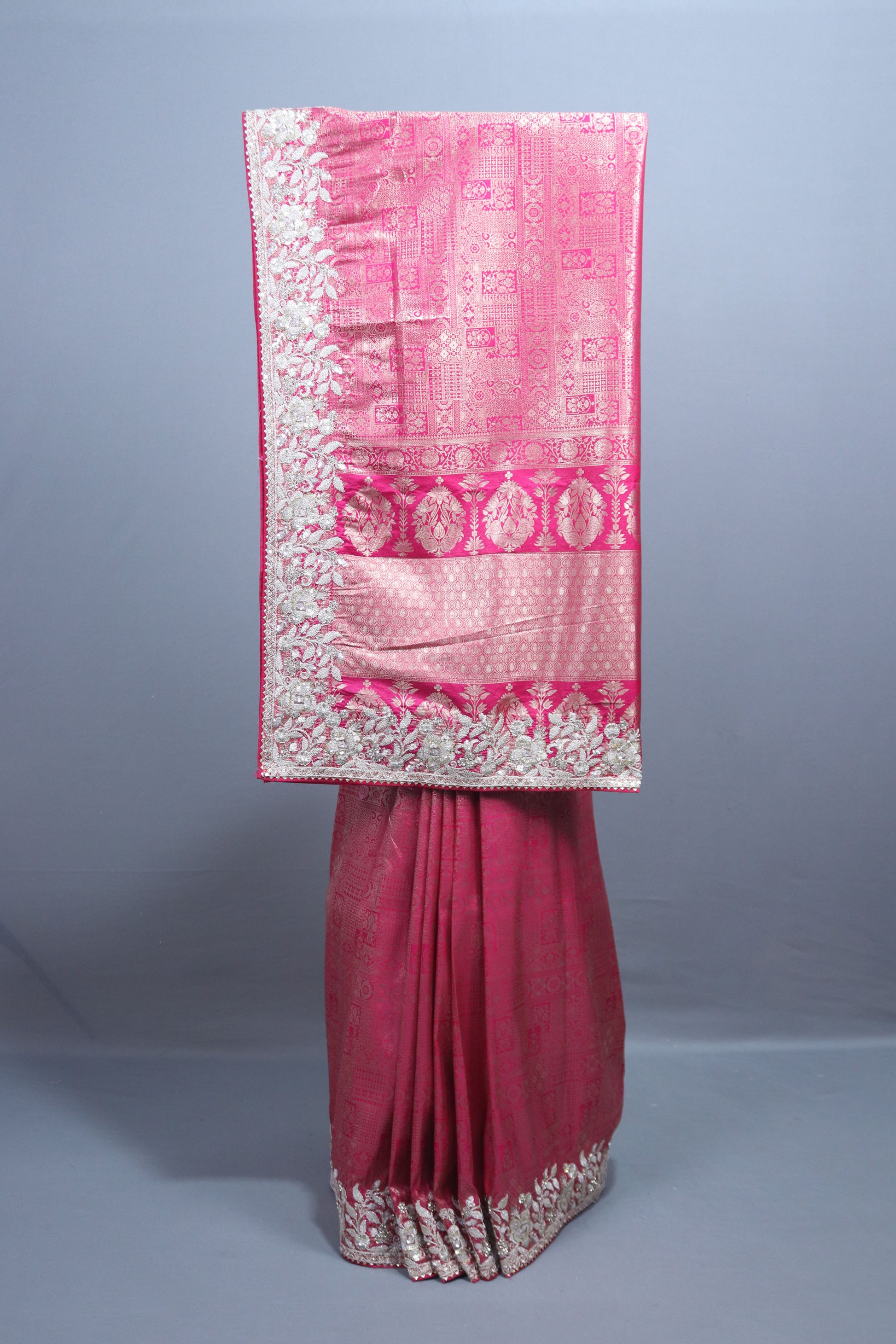 Hot Pink Banarasi Silk Saree with Heavy Silver Zari Embroidered Border