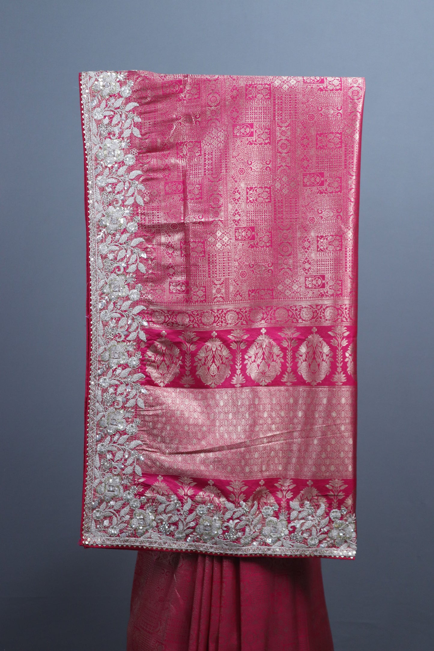 Hot Pink Banarasi Silk Saree with Heavy Silver Zari Embroidered Border