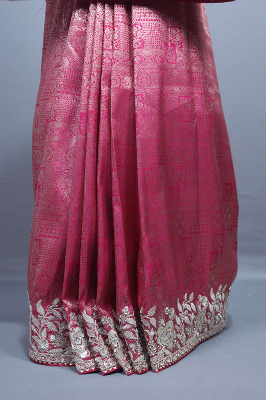 Hot Pink Banarasi Silk Saree with Heavy Silver Zari Embroidered Border