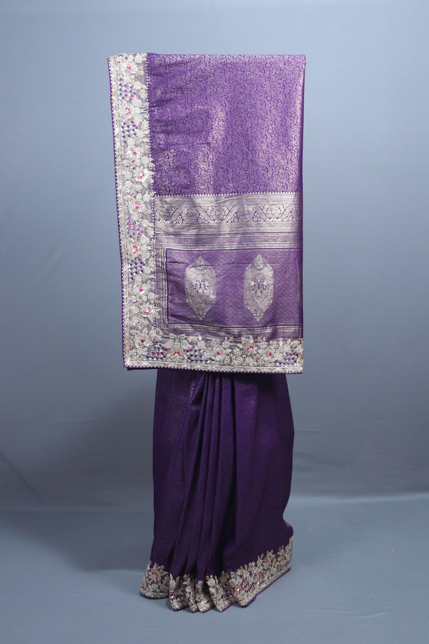 Purple Banarasi Silk Saree Heavy Silver Zari Embroidered Border