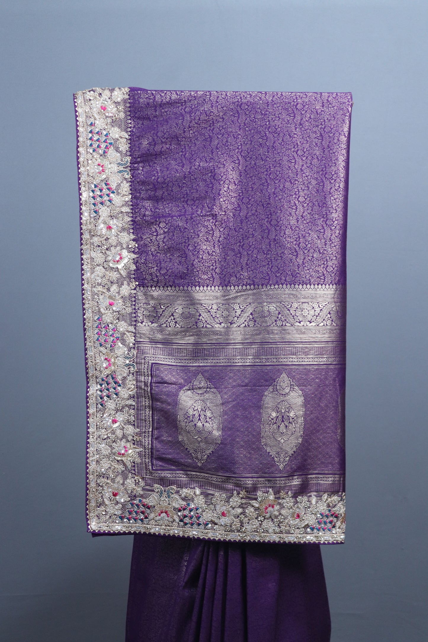 Purple Banarasi Silk Saree Heavy Silver Zari Embroidered Border
