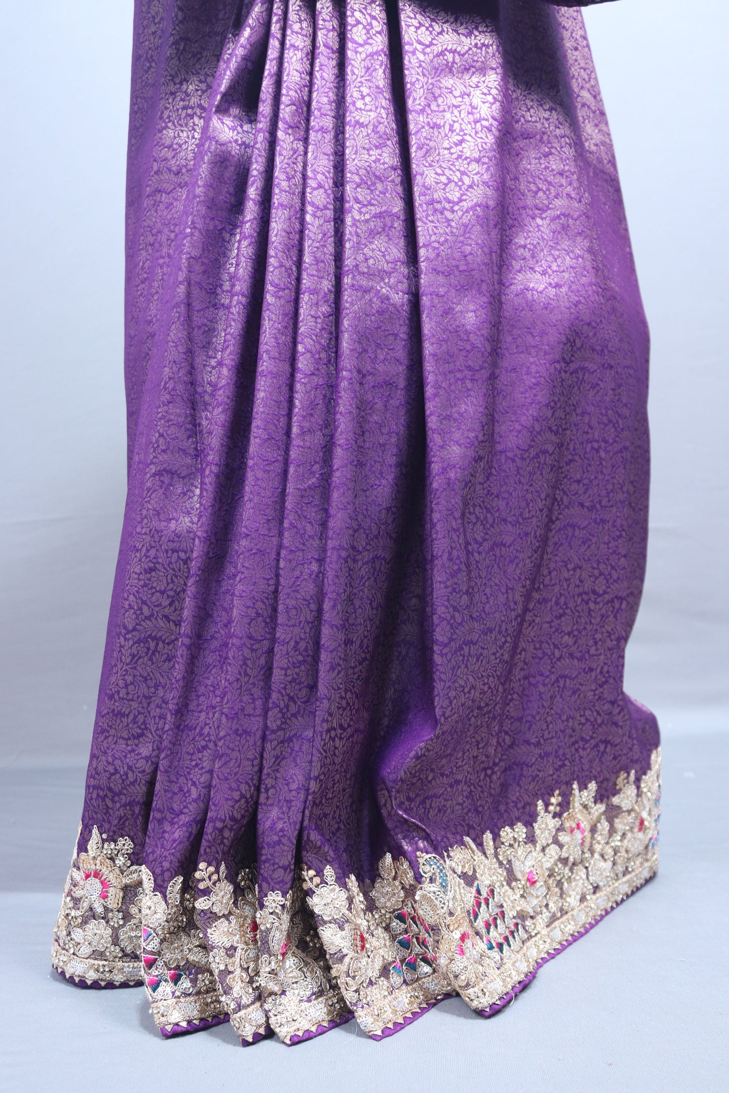 Purple Banarasi Silk Saree Heavy Silver Zari Embroidered Border