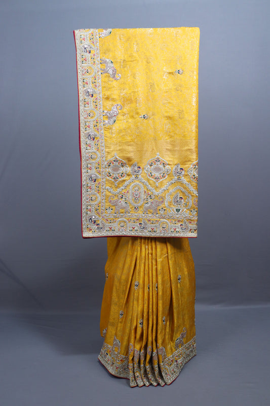 Mustard Yellow Banarasi Silk Saree Elephant Motif Zari Embroidered Border