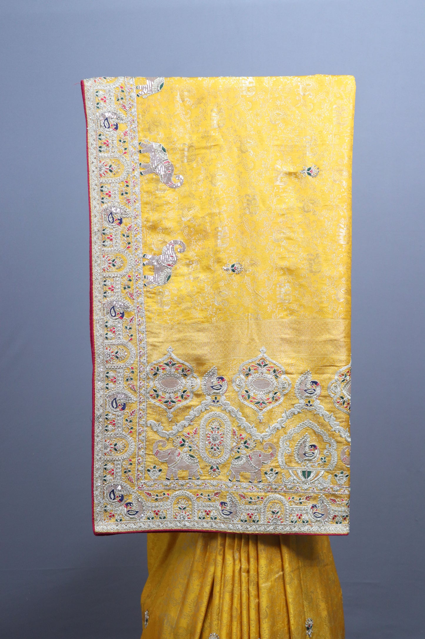 Mustard Yellow Banarasi Silk Saree Elephant Motif Zari Embroidered Border