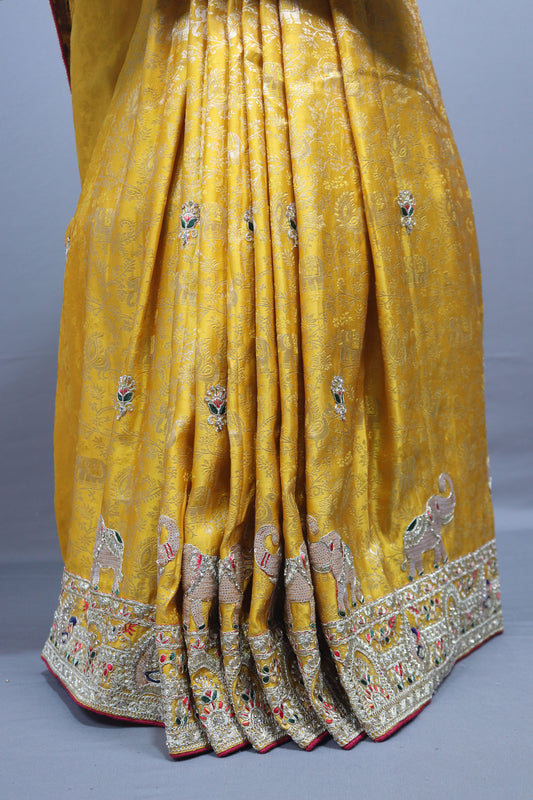 Mustard Yellow Banarasi Silk Saree Elephant Motif Zari Embroidered Border