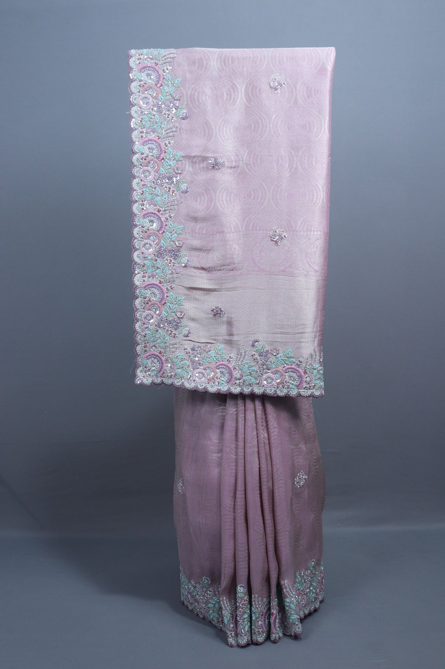 Dusty Pink Organza Silk Saree with Pastel Floral Embroidery Border