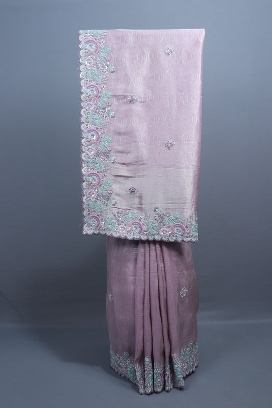 Dusty Pink Organza Silk Saree with Pastel Floral Embroidery Border