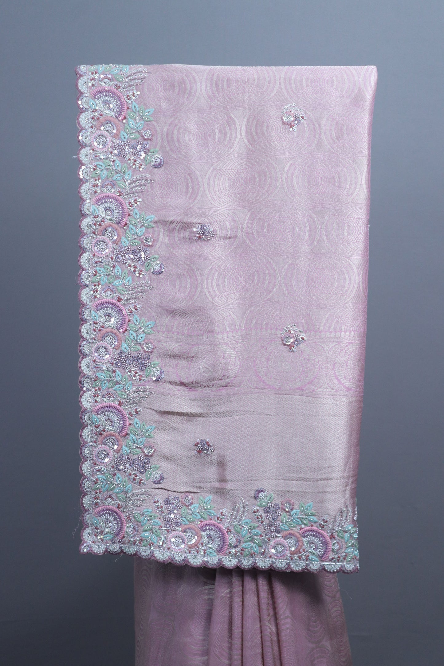 Dusty Pink Organza Silk Saree with Pastel Floral Embroidery Border