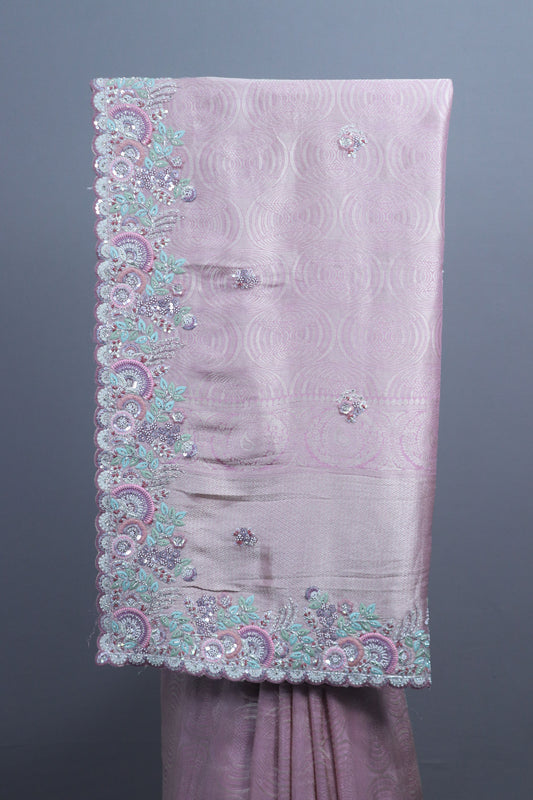 Dusty Pink Organza Silk Saree with Pastel Floral Embroidery Border