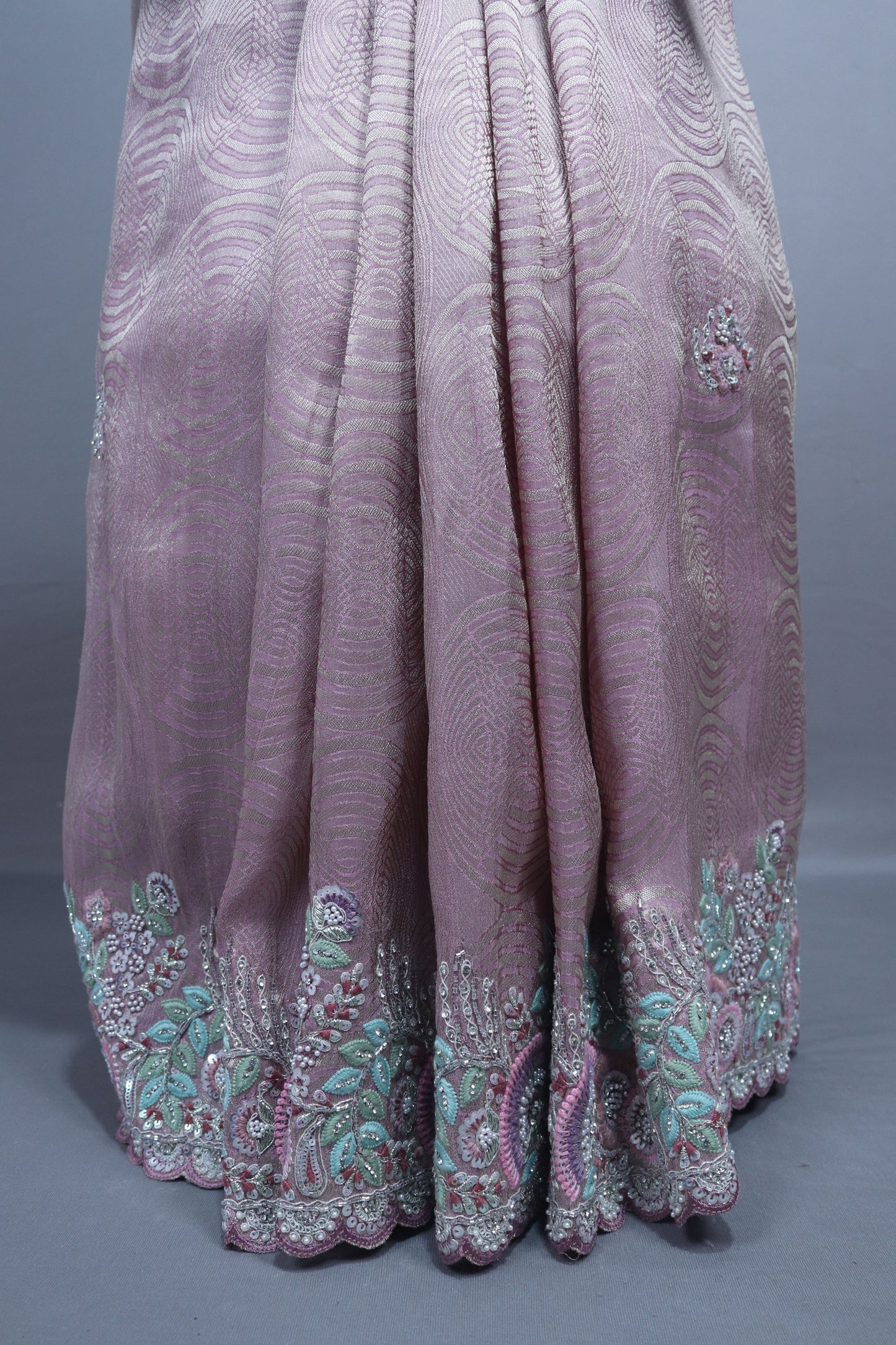 Dusty Pink Organza Silk Saree with Pastel Floral Embroidery Border