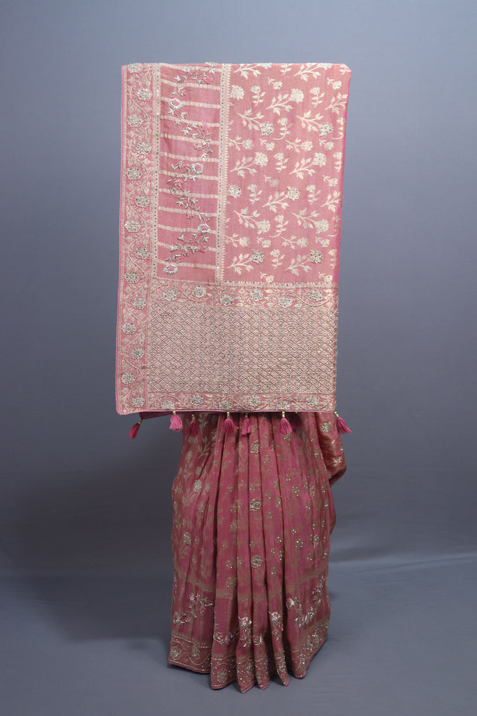 Blush Pink Banarasi Silk Saree Gold Zari Floral Weaving Rich Designer Border