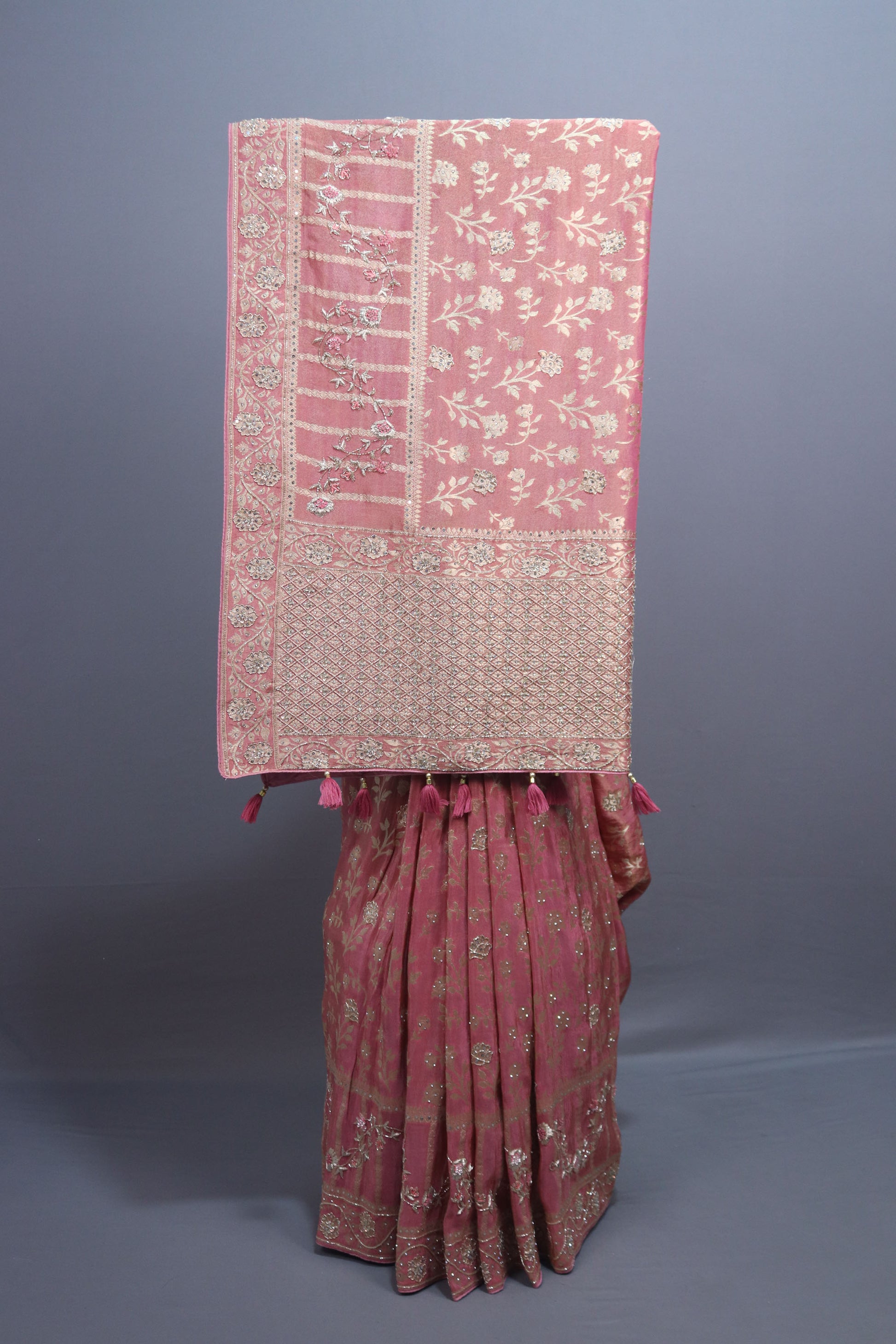Blush Pink Banarasi Silk Saree Gold Zari Floral Weaving Rich Designer Border
