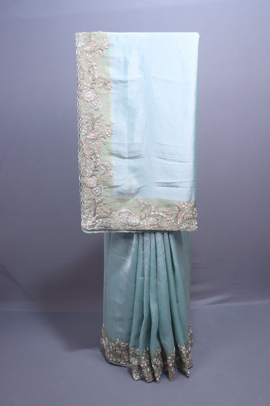 Pastel Mint Green Organza Silk Saree Floral Embroidered Border