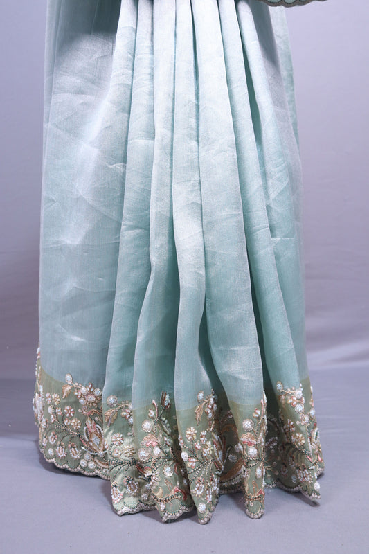 Pastel Mint Green Organza Silk Saree Floral Embroidered Border