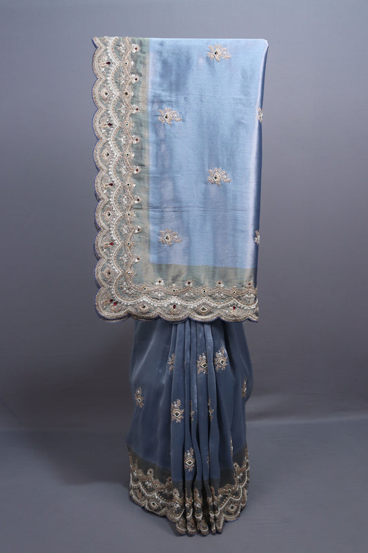 Dusty Blue Organza Silk Saree with Heavy Embroidered Border