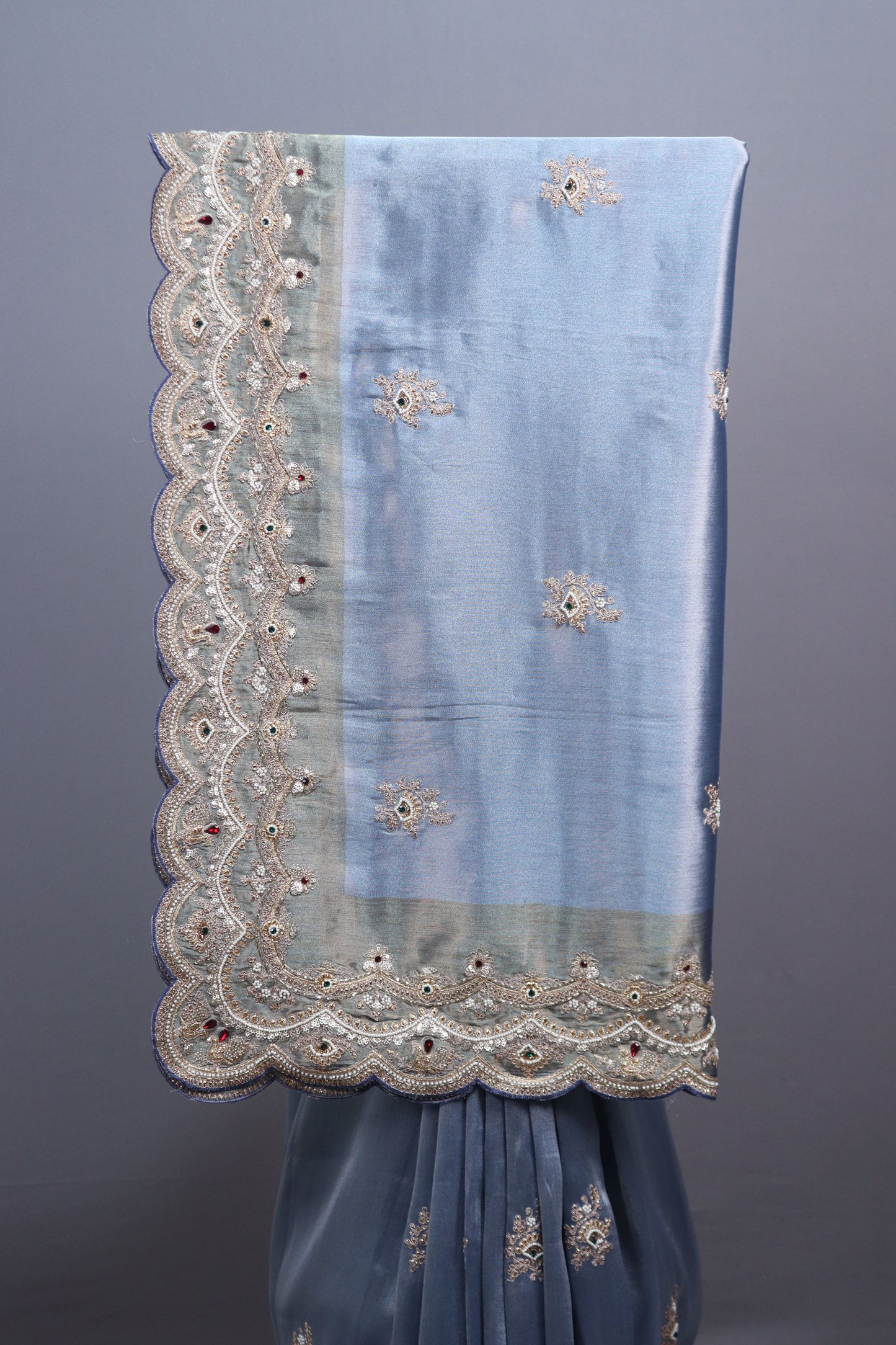 Dusty Blue Organza Silk Saree with Heavy Embroidered Border