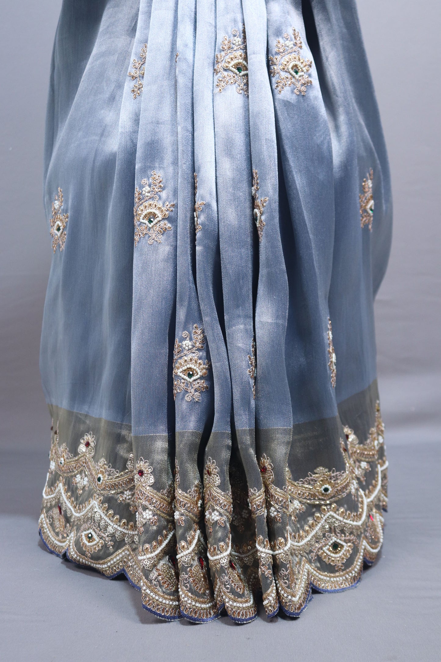 Dusty Blue Organza Silk Saree with Heavy Embroidered Border