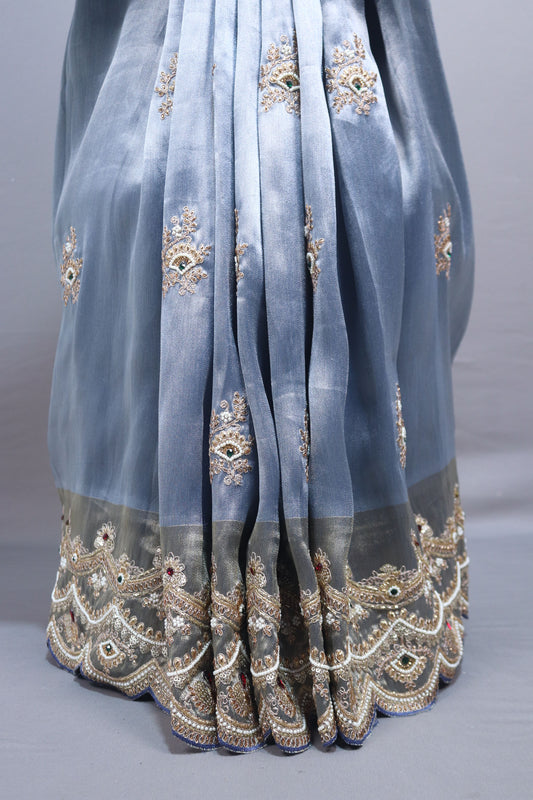 Dusty Blue Organza Silk Saree with Heavy Embroidered Border