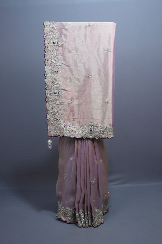Blush Pink Organza Silk Saree Heavy Embroidered Scalloped Border