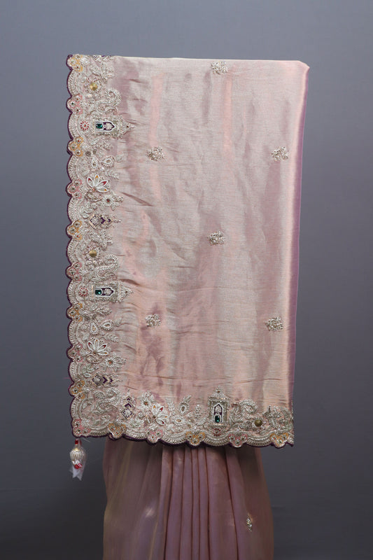 Blush Pink Organza Silk Saree Heavy Embroidered Scalloped Border