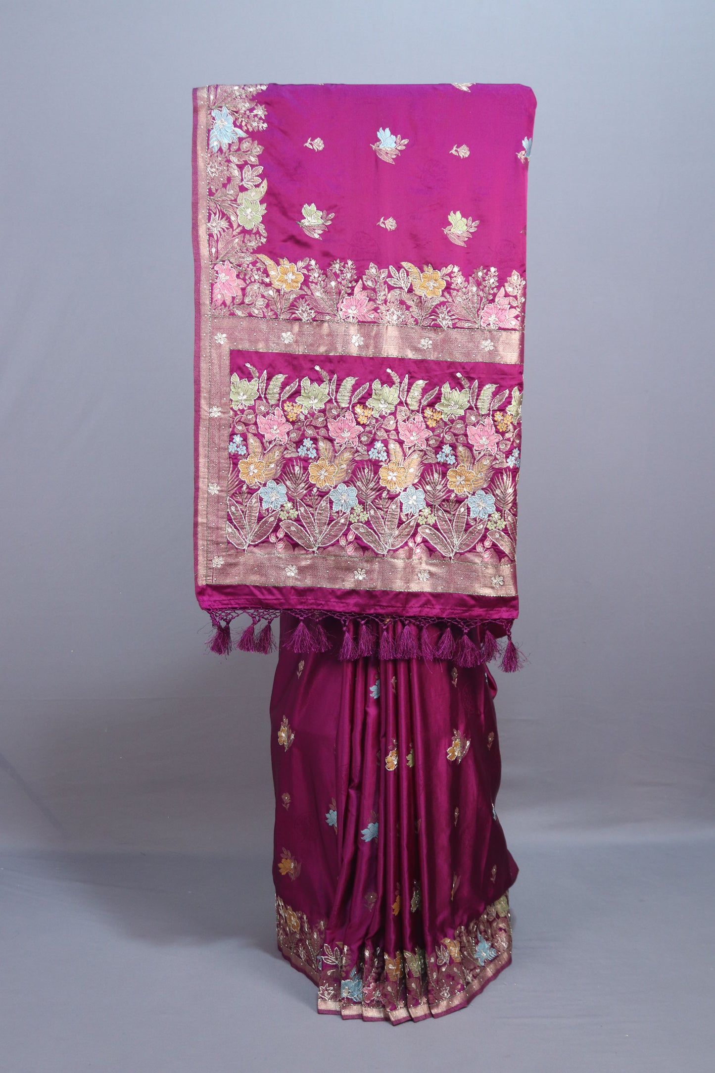 Rani Pink Silk Saree with Multicolor Floral Embroidery Zari Border