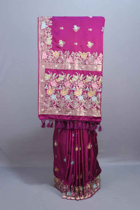 Rani Pink Silk Saree with Multicolor Floral Embroidery Zari Border