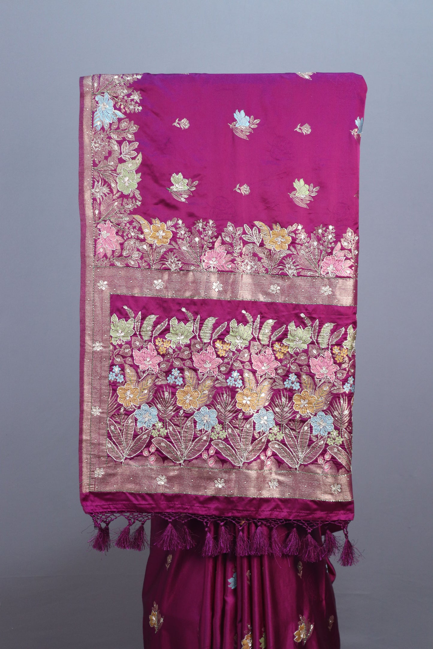 Rani Pink Silk Saree with Multicolor Floral Embroidery Zari Border